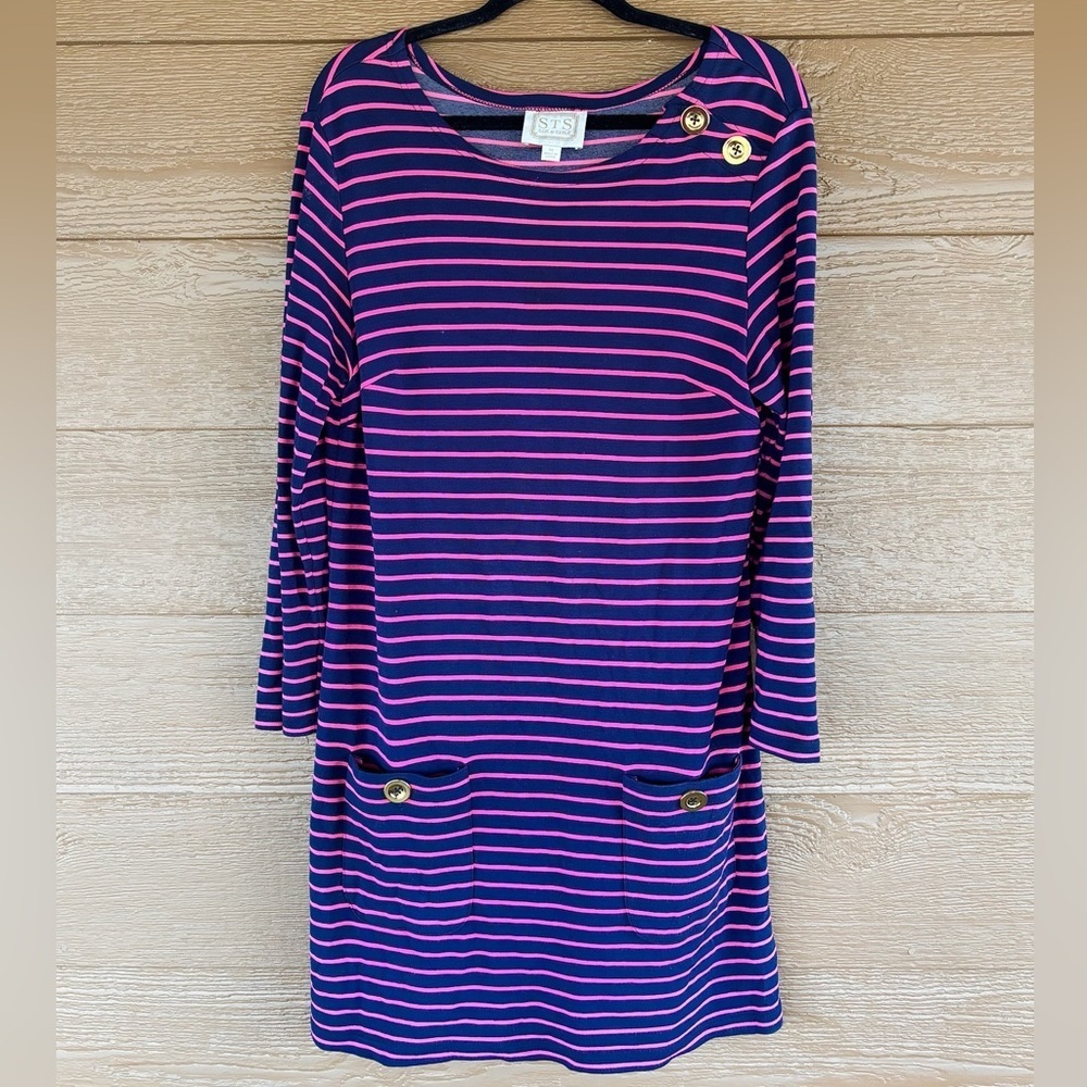 Sail to Sable Navy and Hot Pink Striped Long Sleeve Dress w/ Gold Buttons- Sz L